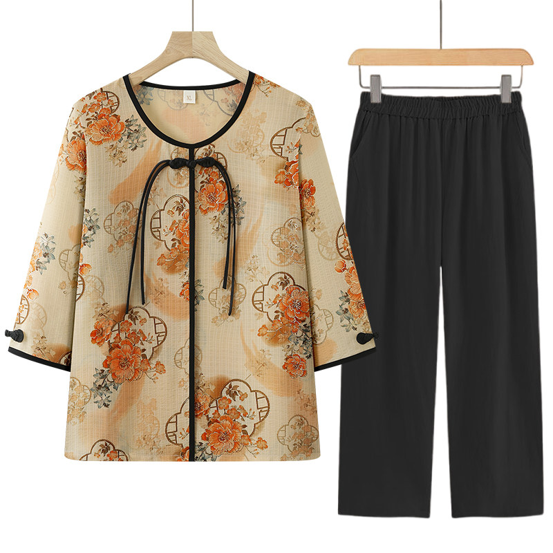 奶奶新中式套装中老年人夏装女妈妈绵绸中袖衬衫老人短袖衣服裤子