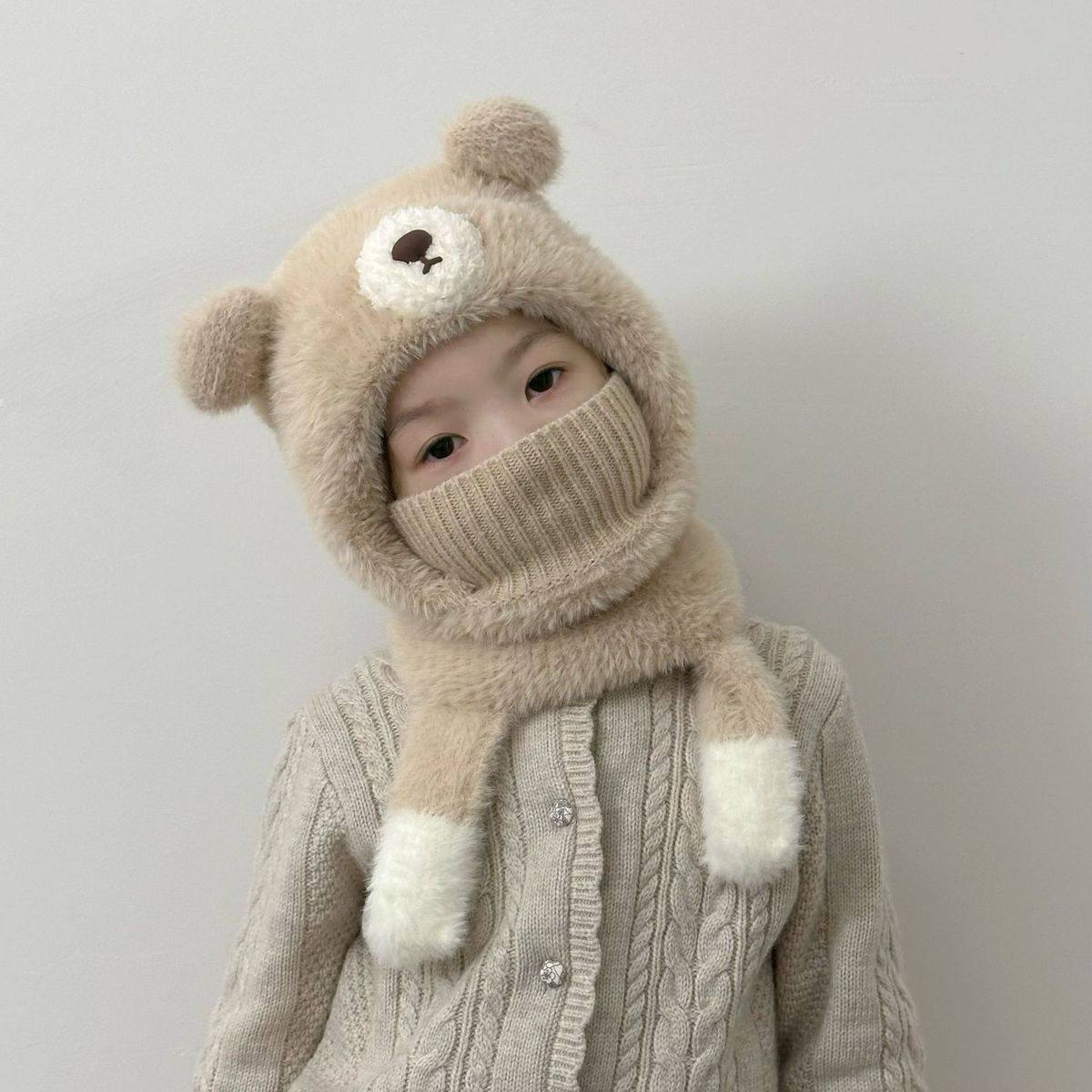 儿童帽子围巾一体冬季女孩面罩围脖两件套女童宝宝保暖毛绒防风帽,童装/婴儿装/亲子装,多件套 帽子、围巾、手套等组合,淘宝优惠券,粉丝福利购,淘宝优惠卷