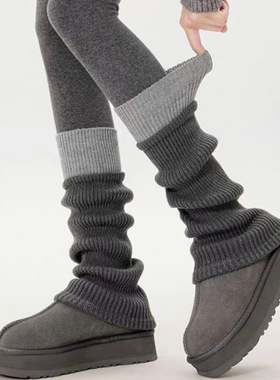 灰色针织袜套女中筒秋冬季设计感粗线羊毛堆堆袜拼色y2k小腿腿套