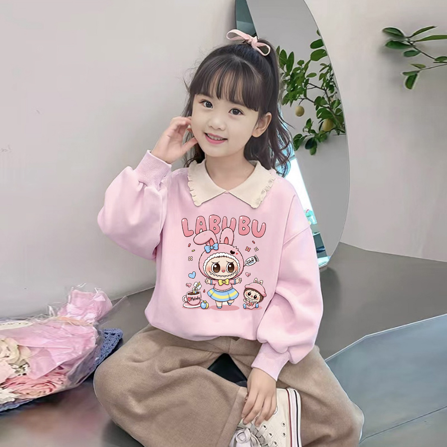 女童卫衣秋冬装新款儿童拉布布上衣小女孩polo装翻领套装加绒衣服