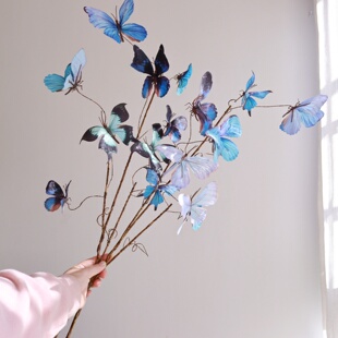 蓝色蝴蝶仿真花束家居装饰文艺清新高端轻奢花艺餐桌客厅酒店摆件