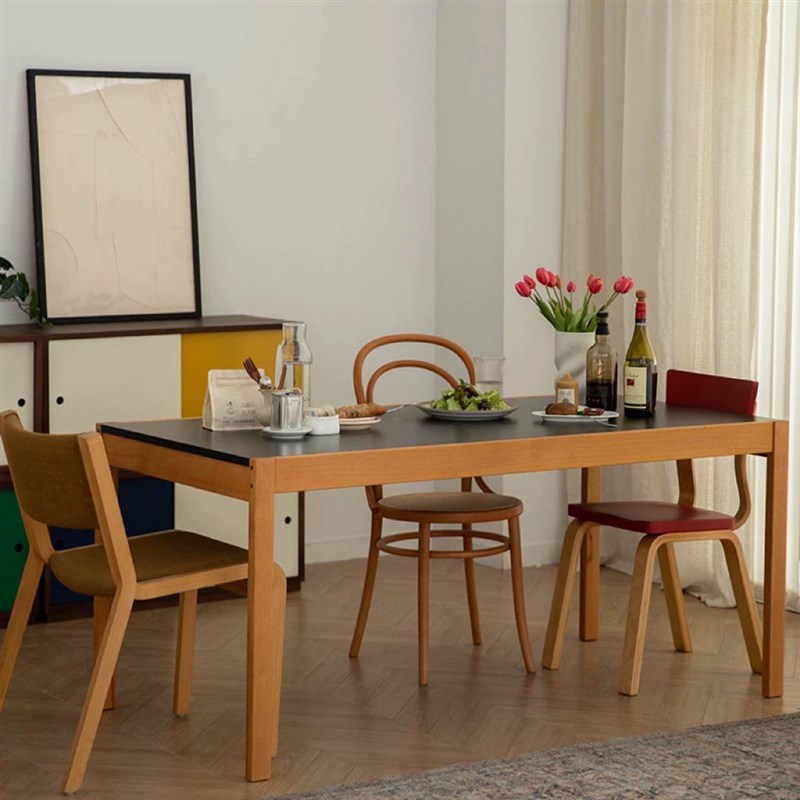 新款北欧中古实j木餐桌拼色覆古家用现代简约长方形吃饭桌子办公