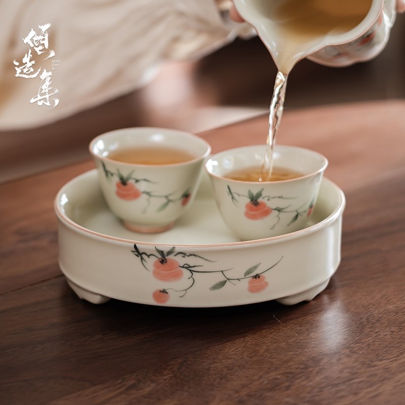 优选草木灰釉下彩手n工壶承茶托盘陶瓷干泡小茶台功夫茶具圆形果