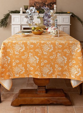 优选美式桌布防水田园花卉t高级感黄色餐桌布艺新中式圆桌台布盖