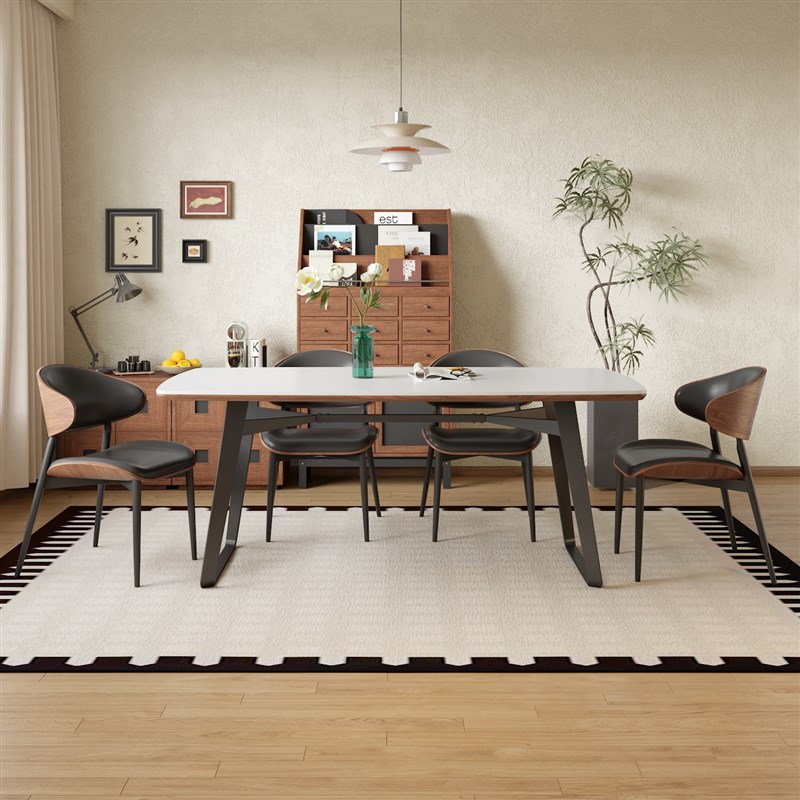 优选中古风岩板实木餐桌椅组x合长方形北欧复古法式家用小户型吃