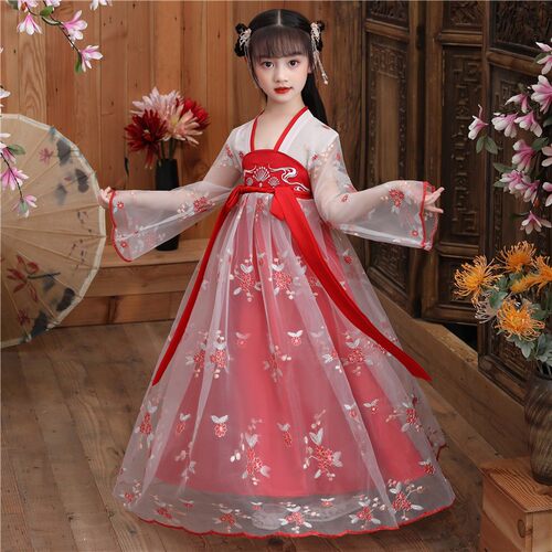 新品汉服女童e儿童古装超仙小学生夏装中国风唐装古风演出服红色