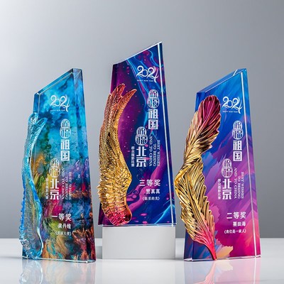 优选炫彩a羽翼水晶奖杯创意定制订制作翅膀奖牌年会优秀员工颁奖