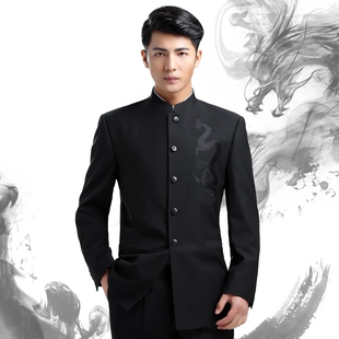 新品男士中华立领中山装套装修身刺D绣龙青年结婚礼表演出西服外