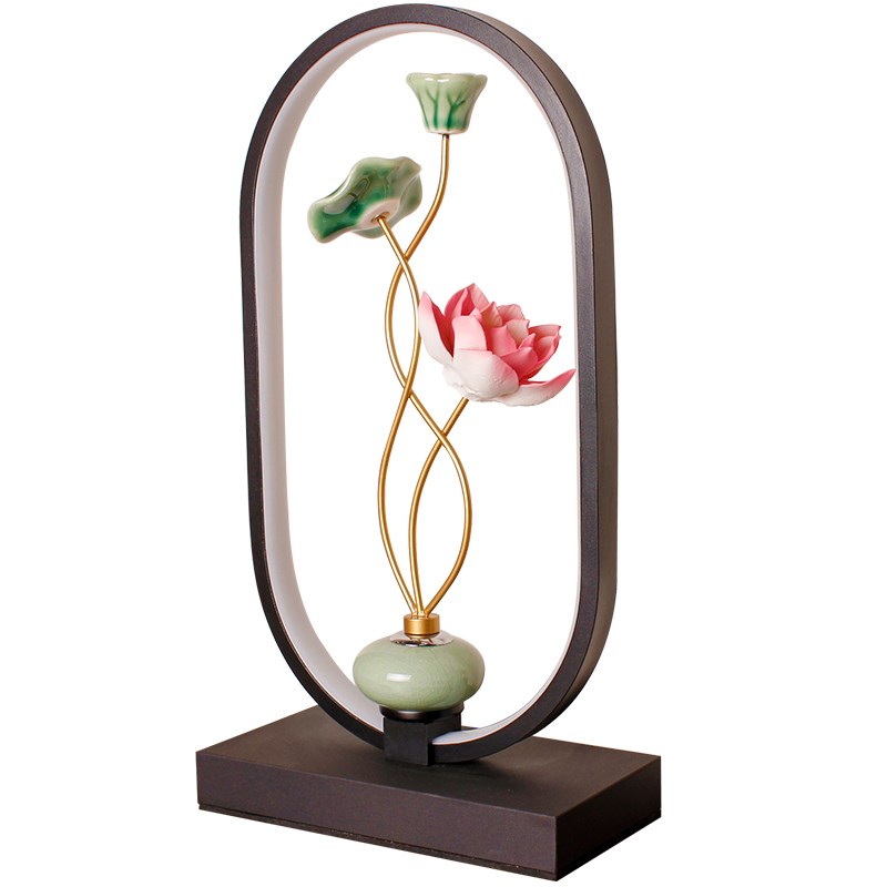 优选新中式台灯卧室床头灯禅意茶桌创意遥控莲花智T能荷花摆件ins