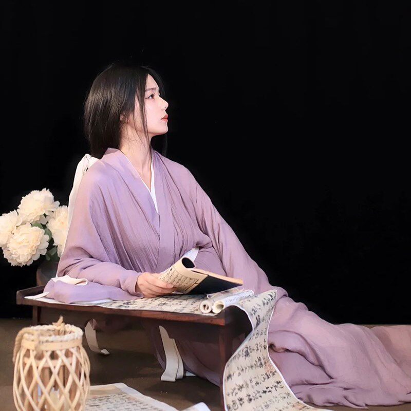 新品紫色汉服成人女魏晋风直裾古装交领襦裙超仙气V古风广袖舞蹈