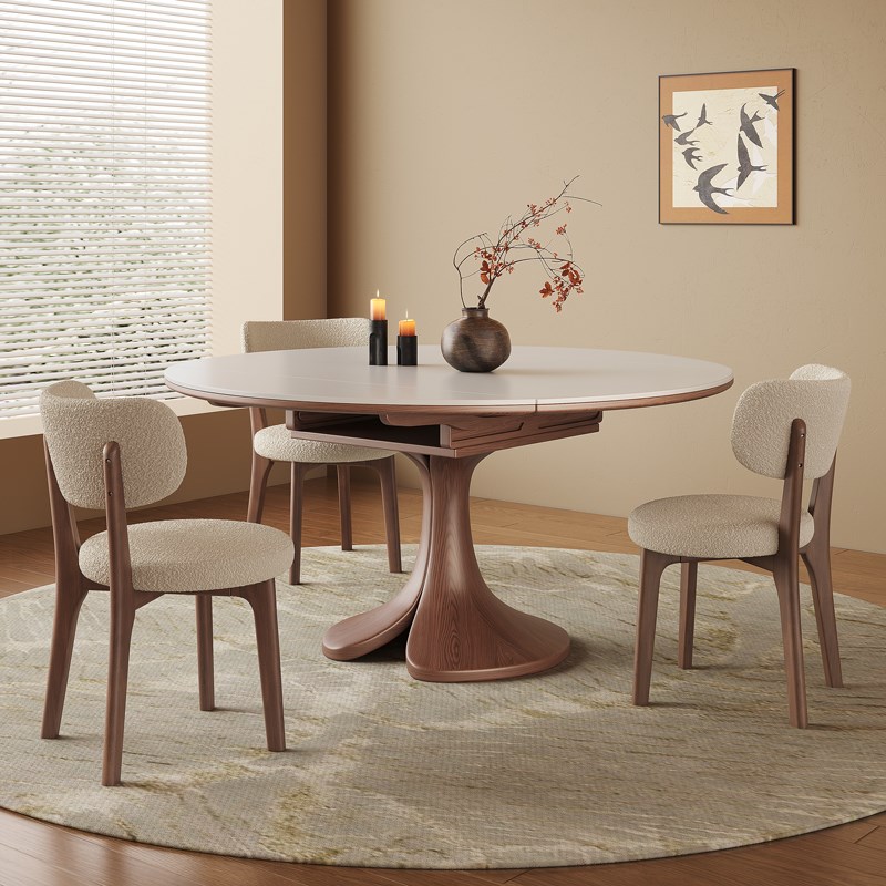 优选中古风实木伸缩折叠餐桌可变圆桌新款网红小户型W法式美式圆