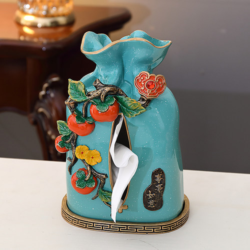 优选新中式客厅茶几柿柿如意树脂卫生纸盒乔迁装饰果Y盘烟灰缸三