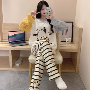 甜美风睡衣女春秋季纯棉长袖套装韩版可爱卡通帕恰狗家居服可外出