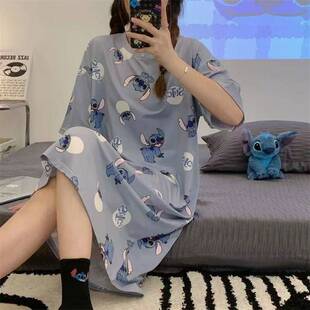 新款睡裙女夏短袖中裙网红韩版可爱卡通史迪学生少女连衣裙睡衣裙