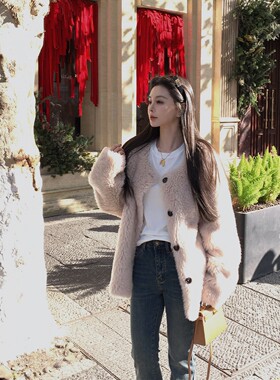 MINI STUDIO 徐琳「颗粒托卡」慵懒风100绵羊毛圆领复合皮草外套