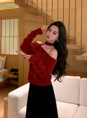 12/11 10AM 徐琳「圣诞献礼」慵懒感一字肩飘带绵羊毛混纺毛衣