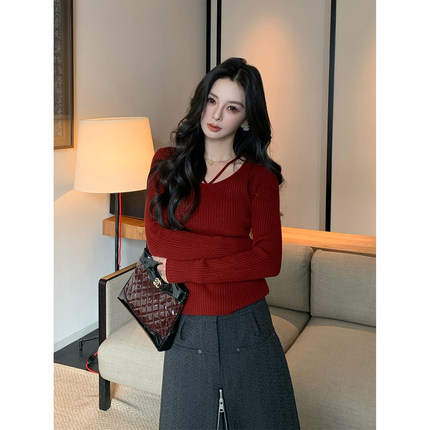 01/06 10AM 徐琳「氧气暖冬」纯欲挂脖u领修身坑条针织安迪绒上衣