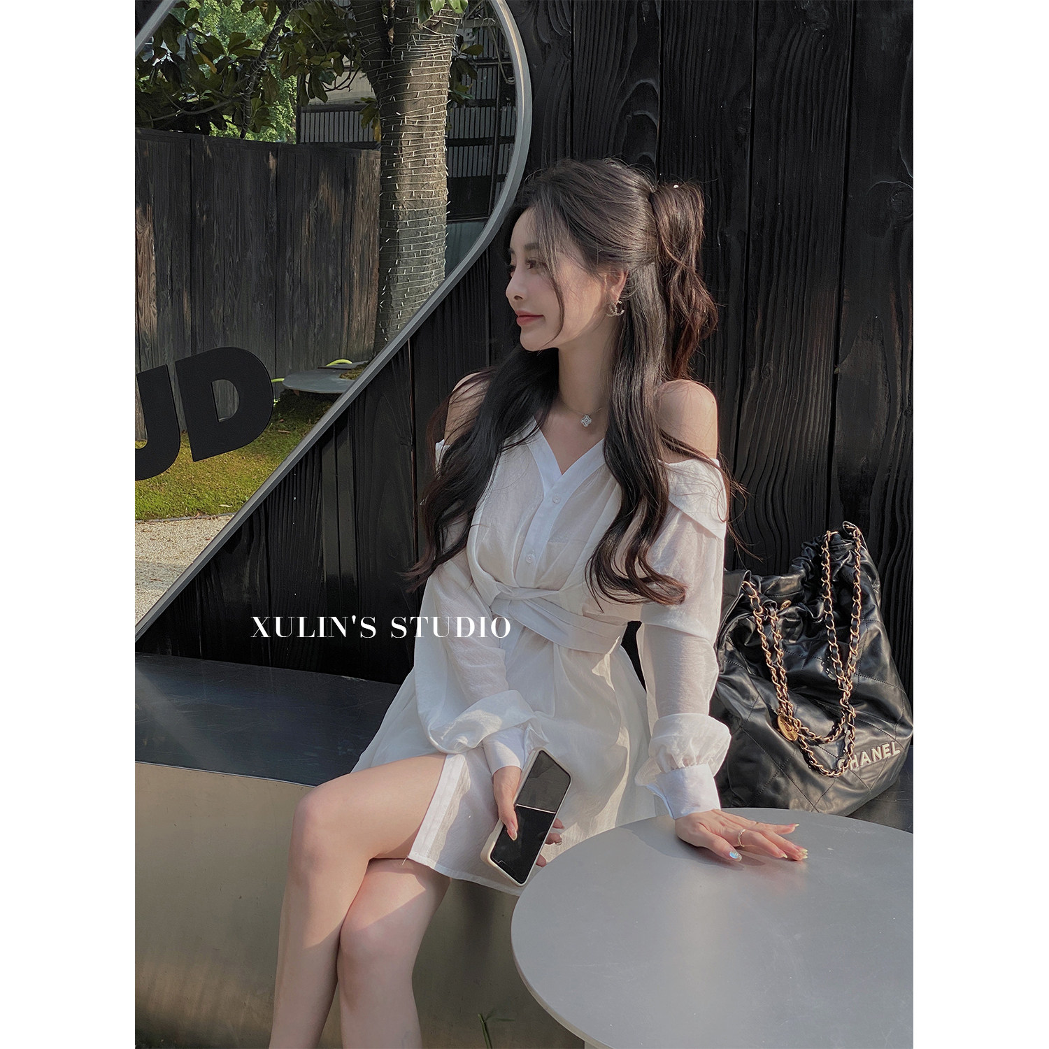【不退不换】徐琳mini麻丝长袖露肩防晒衬衫网红系带短裤两件套