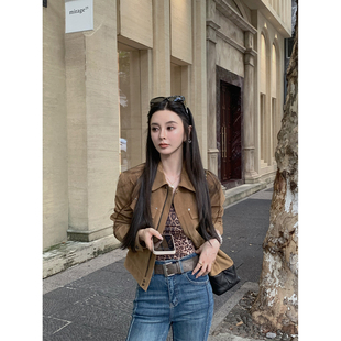 MINI STUDIO 徐琳「曼城旧事」正肩麂皮绒翻领拉链短款夹克外套秋