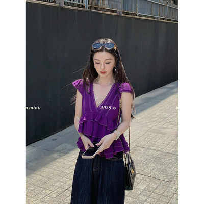 MINI徐琳「香榭丽舍」韩系度假风深V小飞袖不规则蕾丝花边雪纺衫