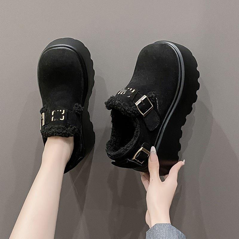 2025冬季勃肯棉鞋女新款小个子厚底增高松糕一脚蹬毛毛加绒乐福鞋