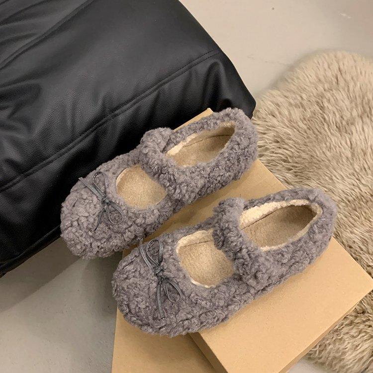 法式仙女风圆头玛丽珍毛毛鞋女2025年秋冬新款蝴蝶结浅口通勤棉鞋