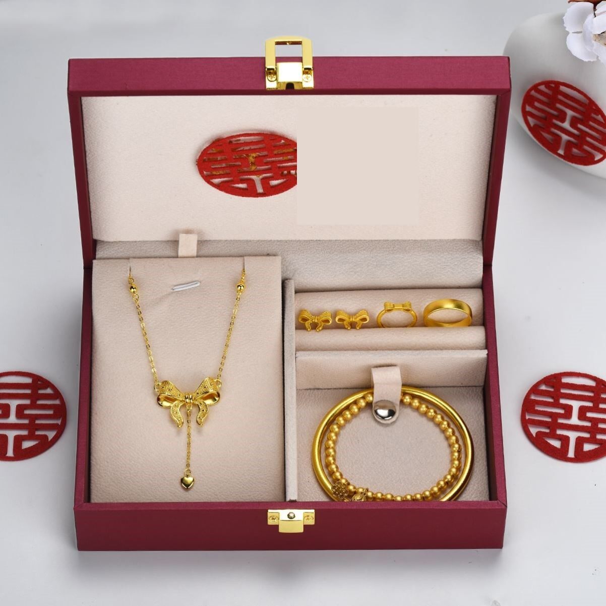 结婚三金首饰一套婚礼仿真黄金手镯沙金五件套订婚假五金套装摆件