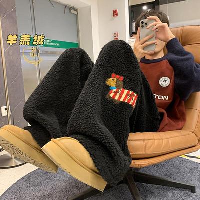 特大码300斤港风仿羊羔绒刺绣重磅阔腿卫裤女加厚保暖休闲直筒裤