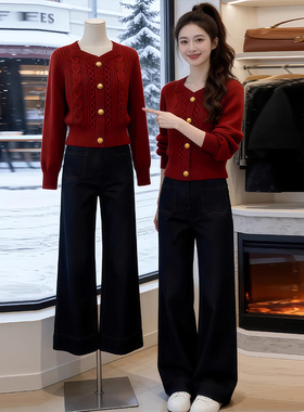 时尚减龄穿搭红色针织开衫女2026年新款法式小香风跨年单排扣毛衣