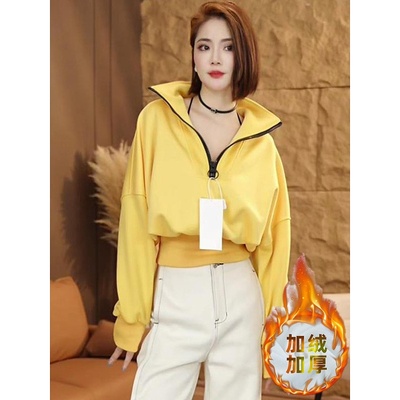 半拉链立领加绒加厚收腰长袖卫衣女2024秋冬新款时尚休闲爆款上衣