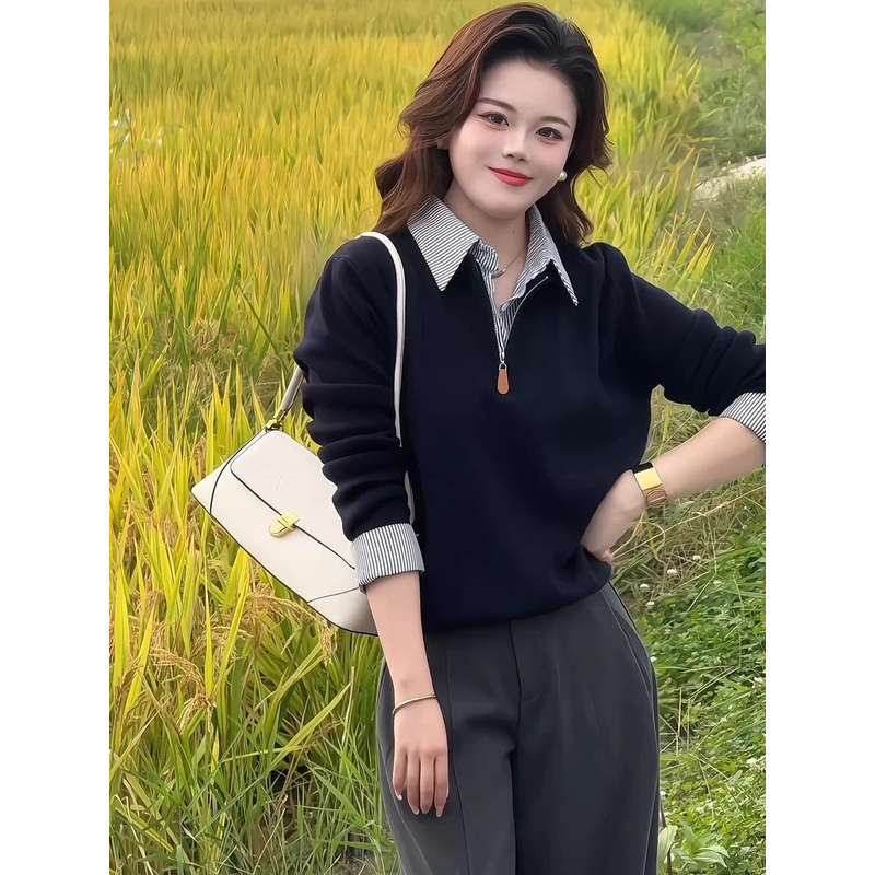 黑色假两件拼接长袖翻领衬衫女春秋气质小众遮肉显瘦休闲百搭上衣