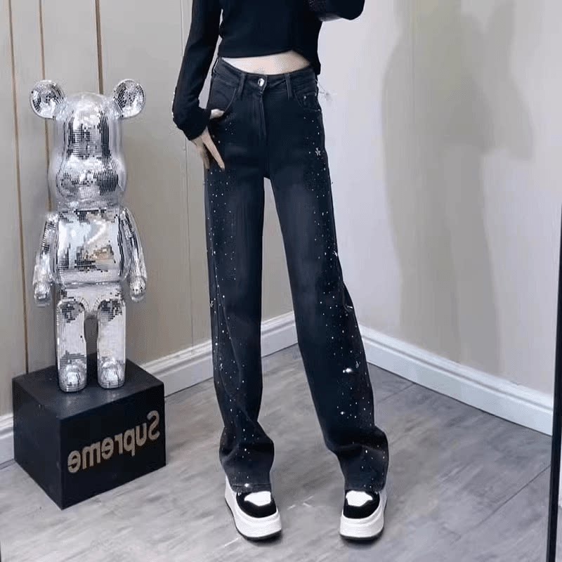 高腰显瘦星星烫钻阔腿牛仔裤女春秋装2024新款秋季宽松直筒拖地裤图片