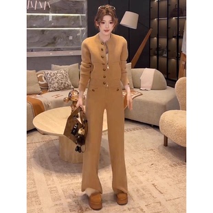 小香风千金冬装套装女2025新款爆款加厚金扣毛衣外套阔腿裤两件套