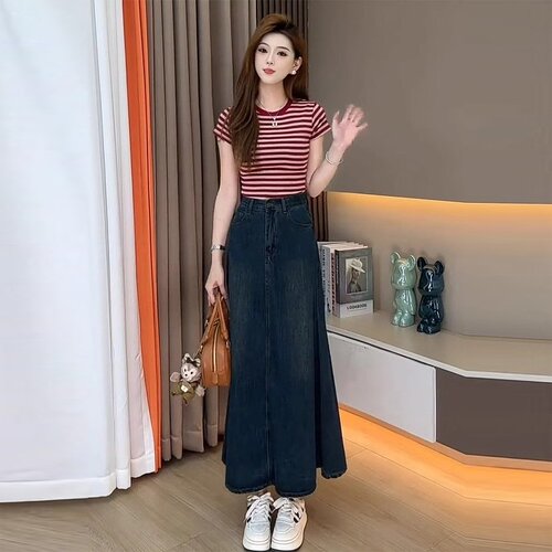 辣妹风复古时尚套装女2025夏季新款条纹短袖上衣牛仔半身裙两件套