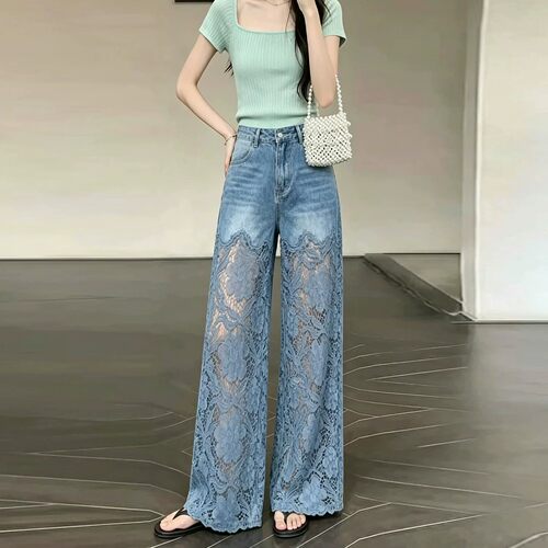 夏天蓝色蕾丝镂空牛仔阔腿裤女装