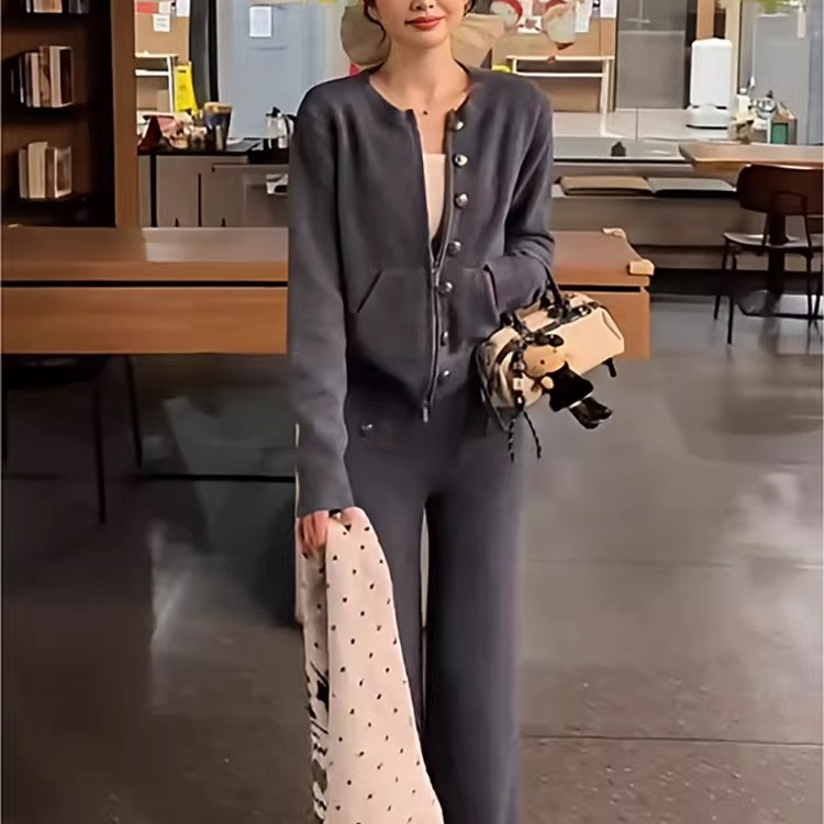 韩系慵懒风软糯针织套装女2025秋冬小香风毛衣开衫+阔腿裤两件套