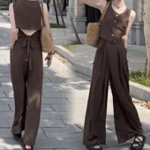 女2025夏季 套装 新款 纯色单排扣系带显瘦上衣 网红同款 阔腿裤 时尚