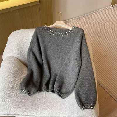 秋冬外穿软糯松弛感上衣针织打底衫女慵懒风灯笼袖圆领毛衣女宽松