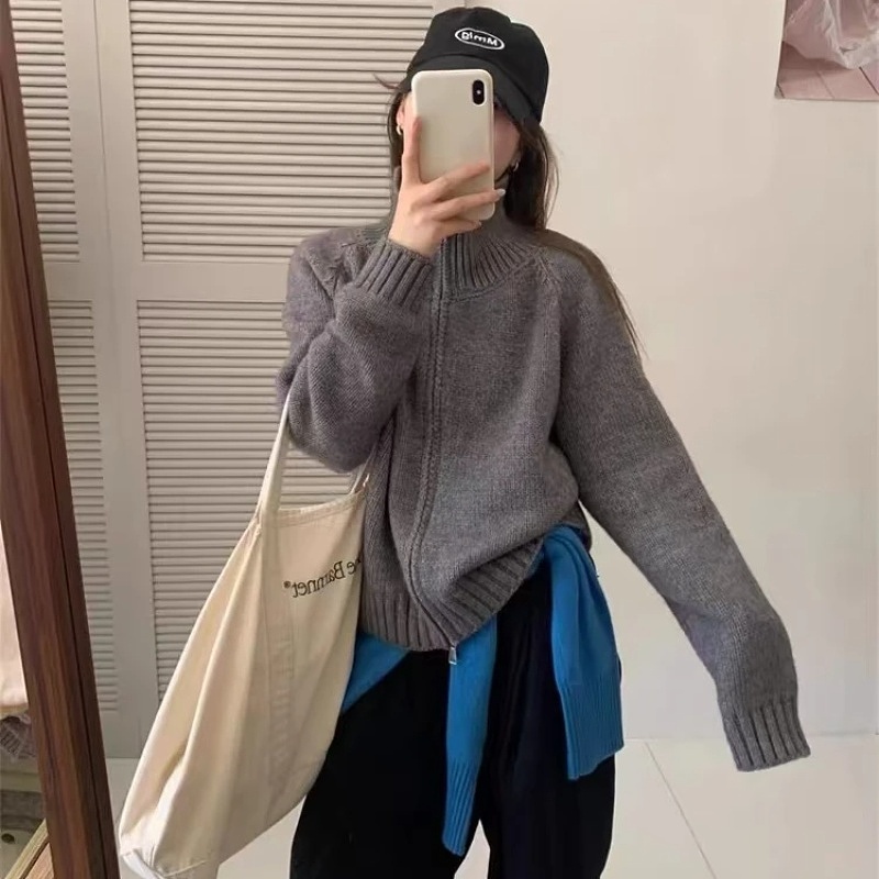 2024慵懒风毛衣外套女秋冬新款韩系简约宽松立领拉链针织开衫上衣