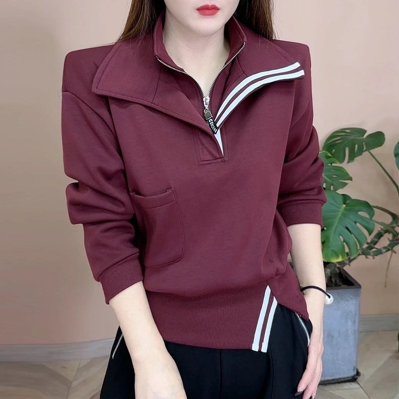 2025早春季新品时尚百搭保暖纯色开叉半拉链女士长袖减龄休闲卫衣,女装/女士精品,T恤,淘宝优惠券,粉丝福利购,淘宝优惠卷