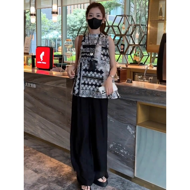 新中式国风无袖衬衫直筒裤套装女装2025夏季新款宽松显瘦百搭上衣