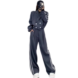 两条杠西装套装女2023秋冬新款加厚西服外套高腰显瘦阔腿裤两件套