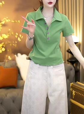 高级感韩系polo领绿色短袖t恤女士夏季2025新款通勤正肩体恤上衣