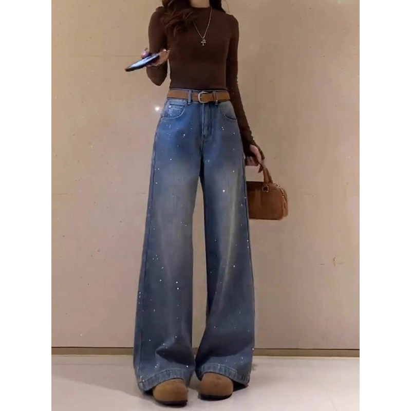 复古加绒重工烫钻阔腿牛仔裤女2025秋冬季新款高腰垂感直筒拖地裤,女装/女士精品,牛仔裤,淘宝优惠券,粉丝福利购,淘宝优惠卷