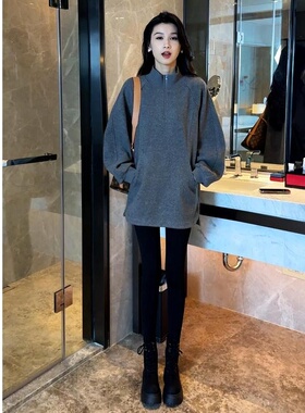 2025早春新款灰色立领加绒卫衣女时尚洋气美式复古中长款打底上衣