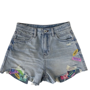 破洞牛仔短裤女夏季薄款高腰宽松显瘦A字小个子设计感贴布热裤潮