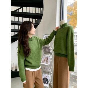 新国风立领宽松针织衫上衣早春新款中式盘扣轻奢减龄内搭绿色毛衣