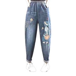 高腰松紧牛仔裤女夏季拼接新款刺绣贴布做旧宽松哈伦复古高腰显瘦