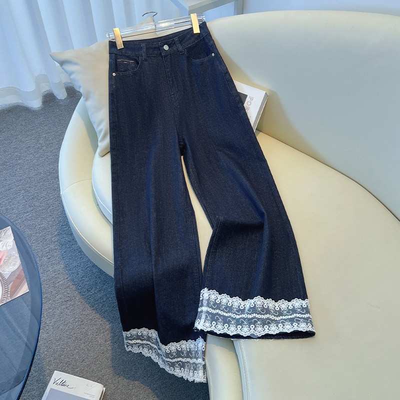 丹宁蓝直筒牛仔裤女2025新款春季爆款蕾丝拼接小个子九分阔腿裤子