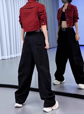 黑色复古高街阔腿工装裤女2025秋季新款高腰多口袋运动弯刀休闲裤